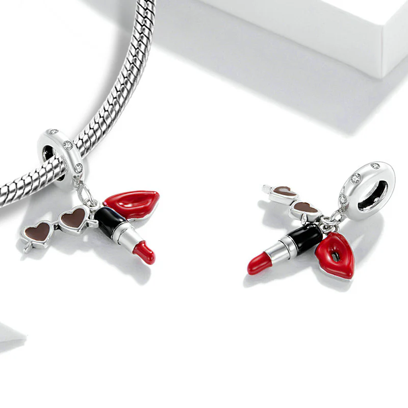 Fashionable Lipstick & Sunglasses Pendant Dangle Charm Sterling Silver - Image 2