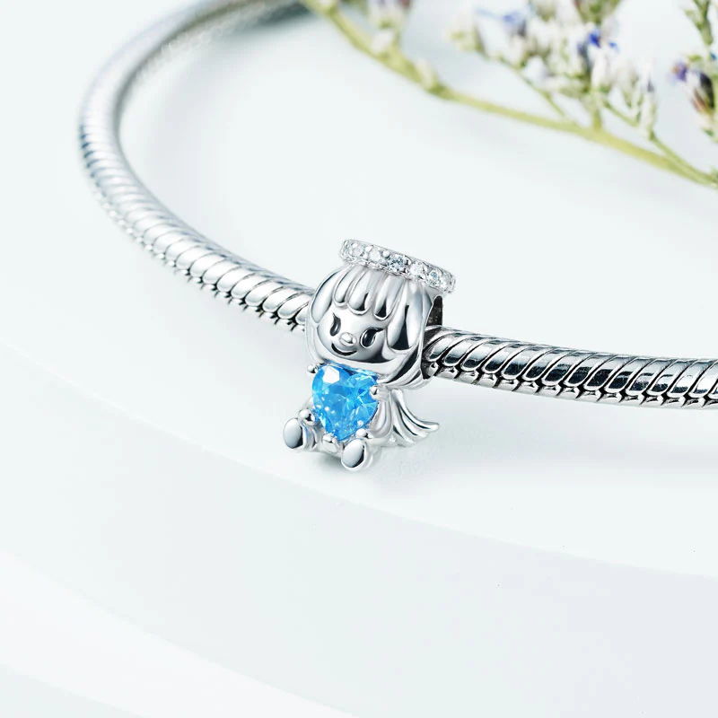 Cute Little Angel Embraces Heart Gemstone Charm Bead 925 Sterling Silver - Image 3