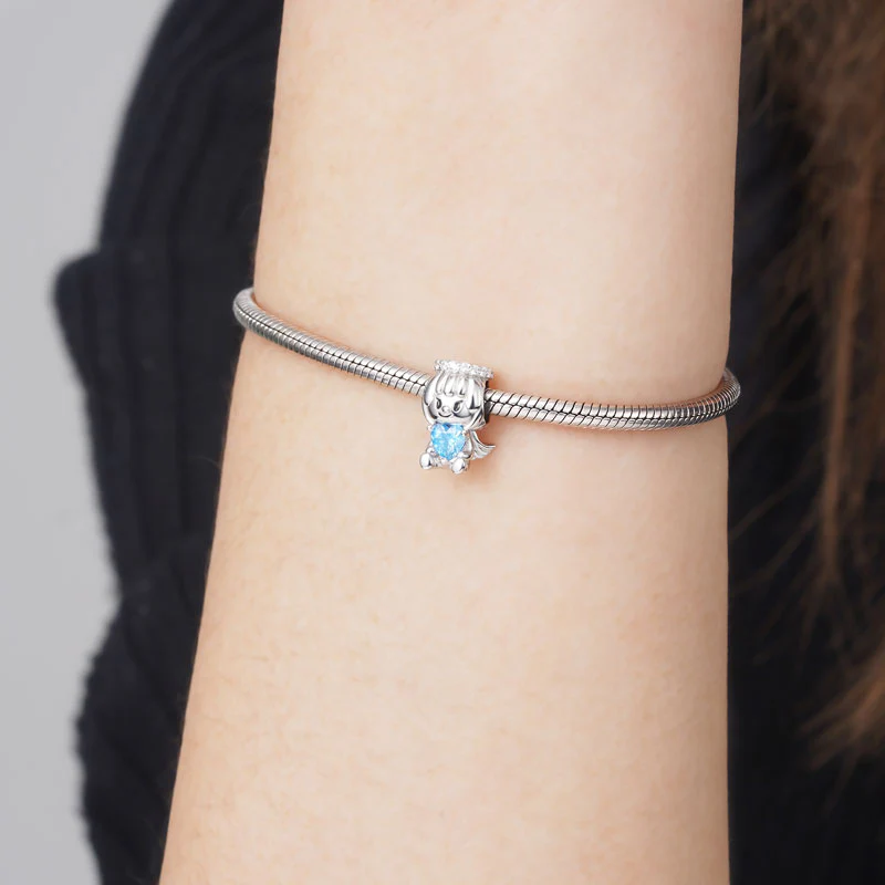 Cute Little Angel Embraces Heart Gemstone Charm Bead 925 Sterling Silver - Image 4