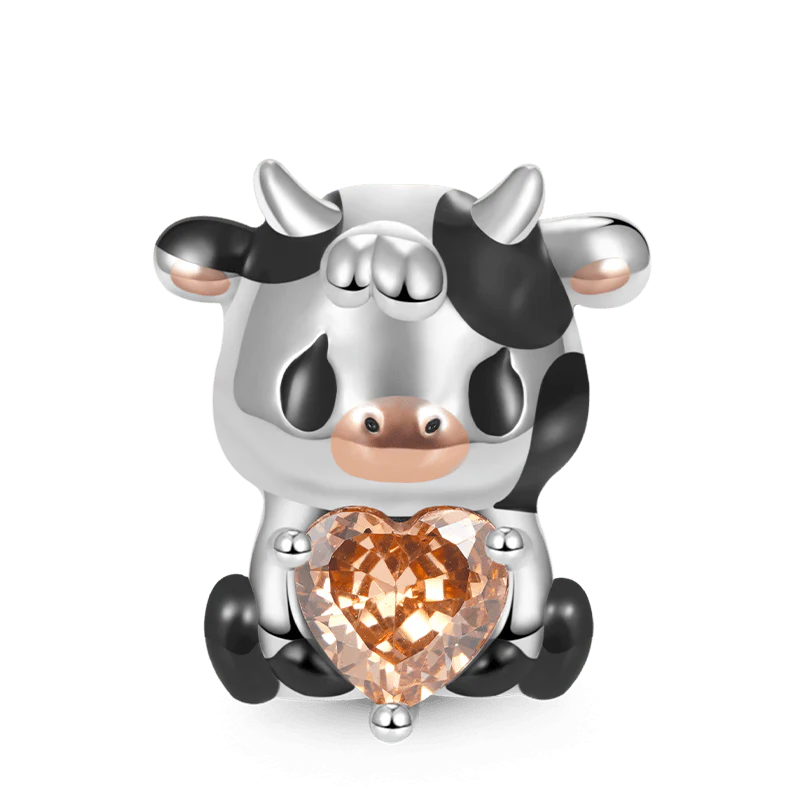 Gnoce Little Cow Embraces Heart Gem Charm Platinum-plated Silver Blend