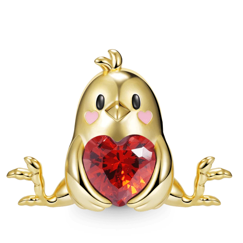 Little Yellow Chicken Embraces Heart Gemstone Charm Bead 925 Sterling Silver Gold Plated
