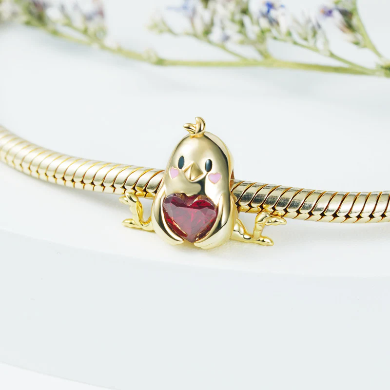 Little Yellow Chicken Embraces Heart Gemstone Charm Bead 925 Sterling Silver Gold Plated - Image 2