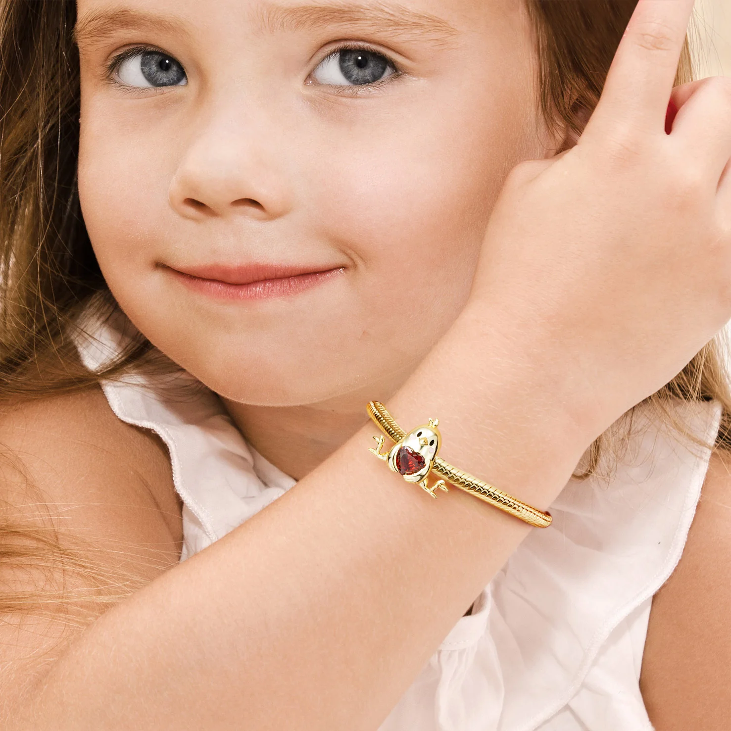Little Yellow Chicken Embraces Heart Gemstone Charm Bead 925 Sterling Silver Gold Plated - Image 3