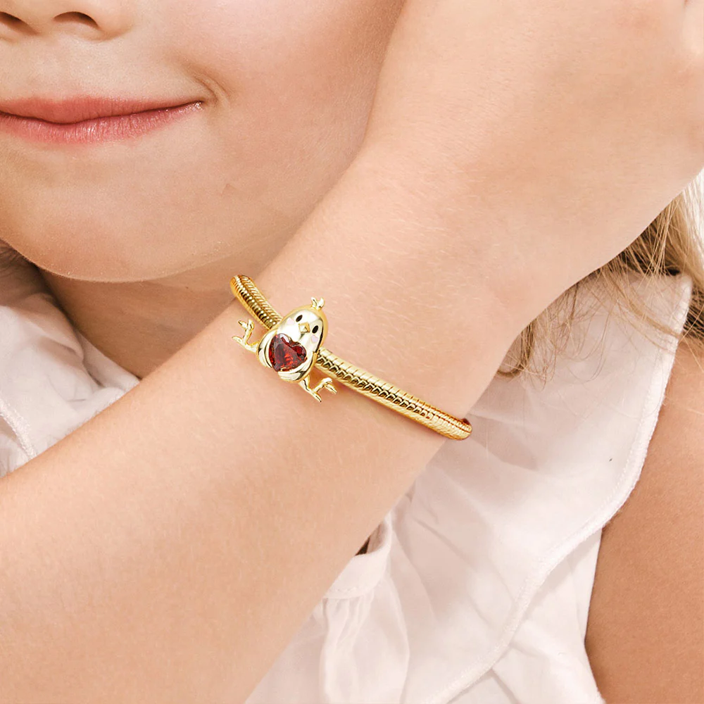 Little Yellow Chicken Embraces Heart Gemstone Charm Bead 925 Sterling Silver Gold Plated - Image 4