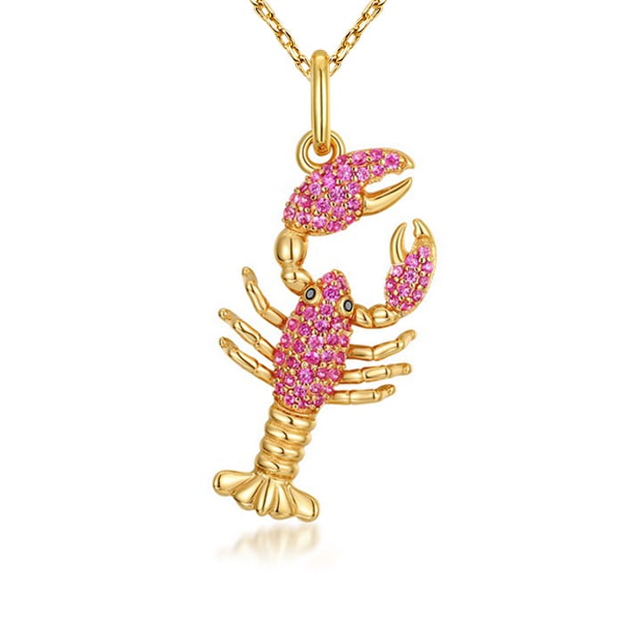 Lobster Necklace Inlaid with Shiny Spinels Gold Plated Sterling Silver Ocean Collection