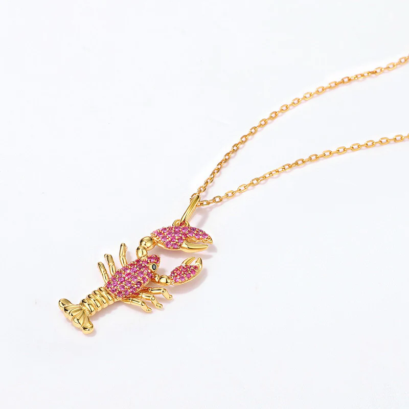Lobster Necklace Inlaid with Shiny Spinels Gold Plated Sterling Silver Ocean Collection - Image 3