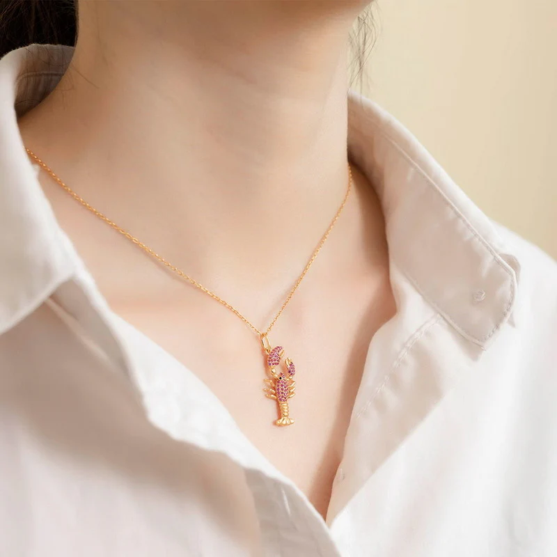 Lobster Necklace Inlaid with Shiny Spinels Gold Plated Sterling Silver Ocean Collection - Image 4