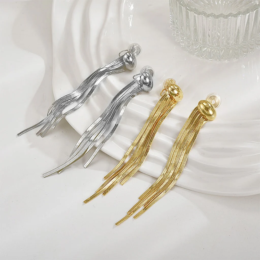 Gnoce Long Tassel Metal Bean Ear Clips - Image 3