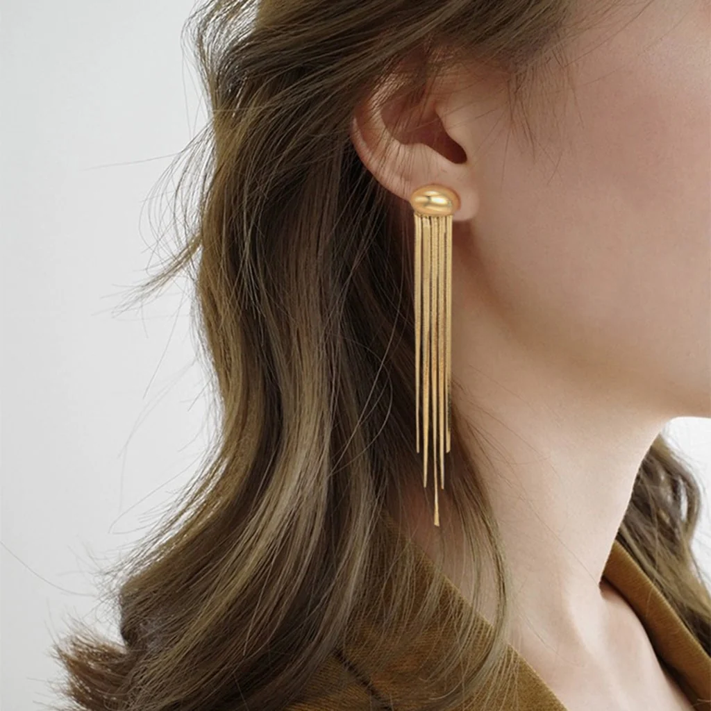 Gnoce Long Tassel Metal Bean Ear Clips - Image 5