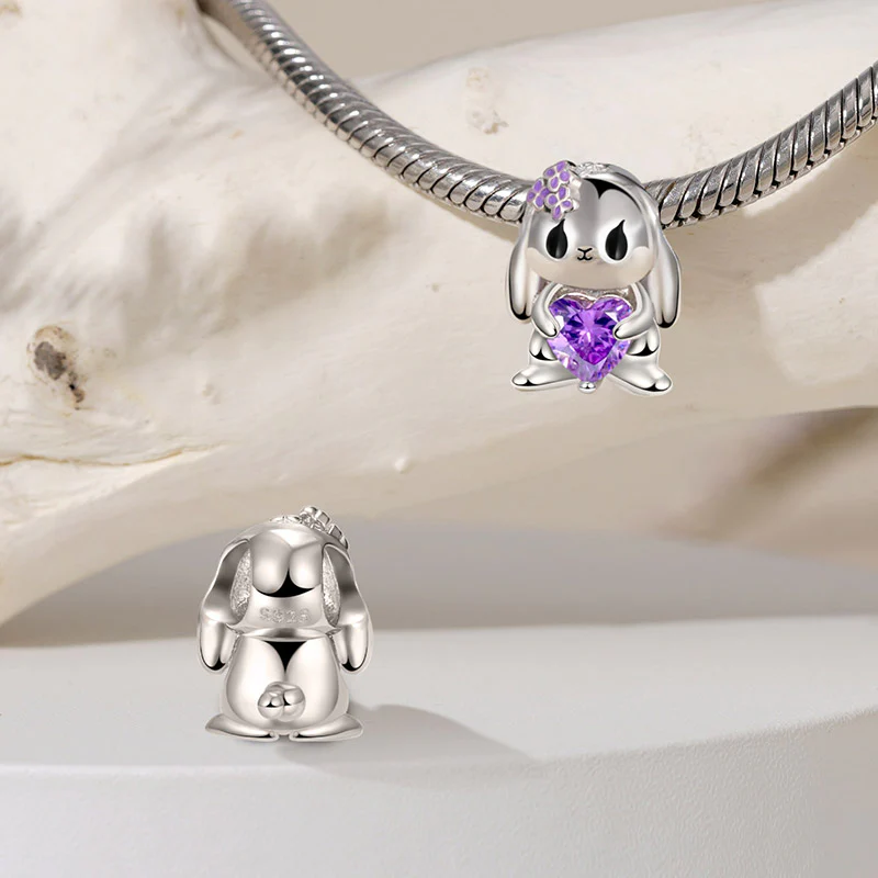 Gnoce Lop-eared Rabbit Embraces Heart Gemstone Charm Platinum-plated Silver Blend - Image 2