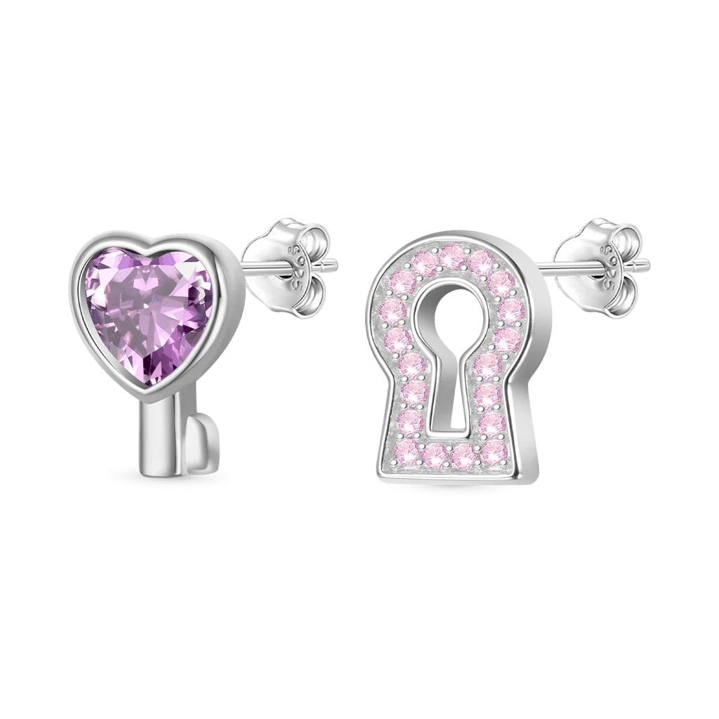 Gnoce 'Love Edge' Key Lock Birthstone Stud Earrings - Image 3
