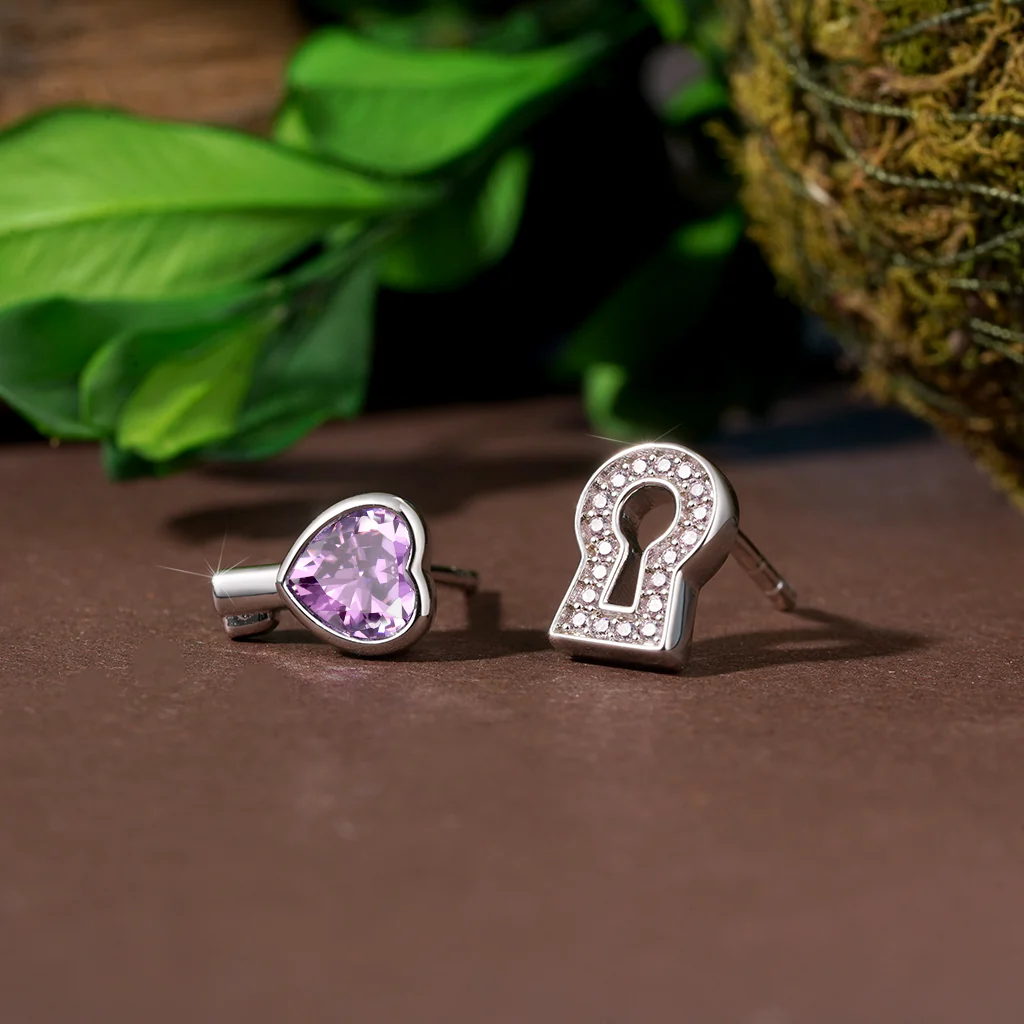 Gnoce 'Love Edge' Key Lock Birthstone Stud Earrings - Image 4