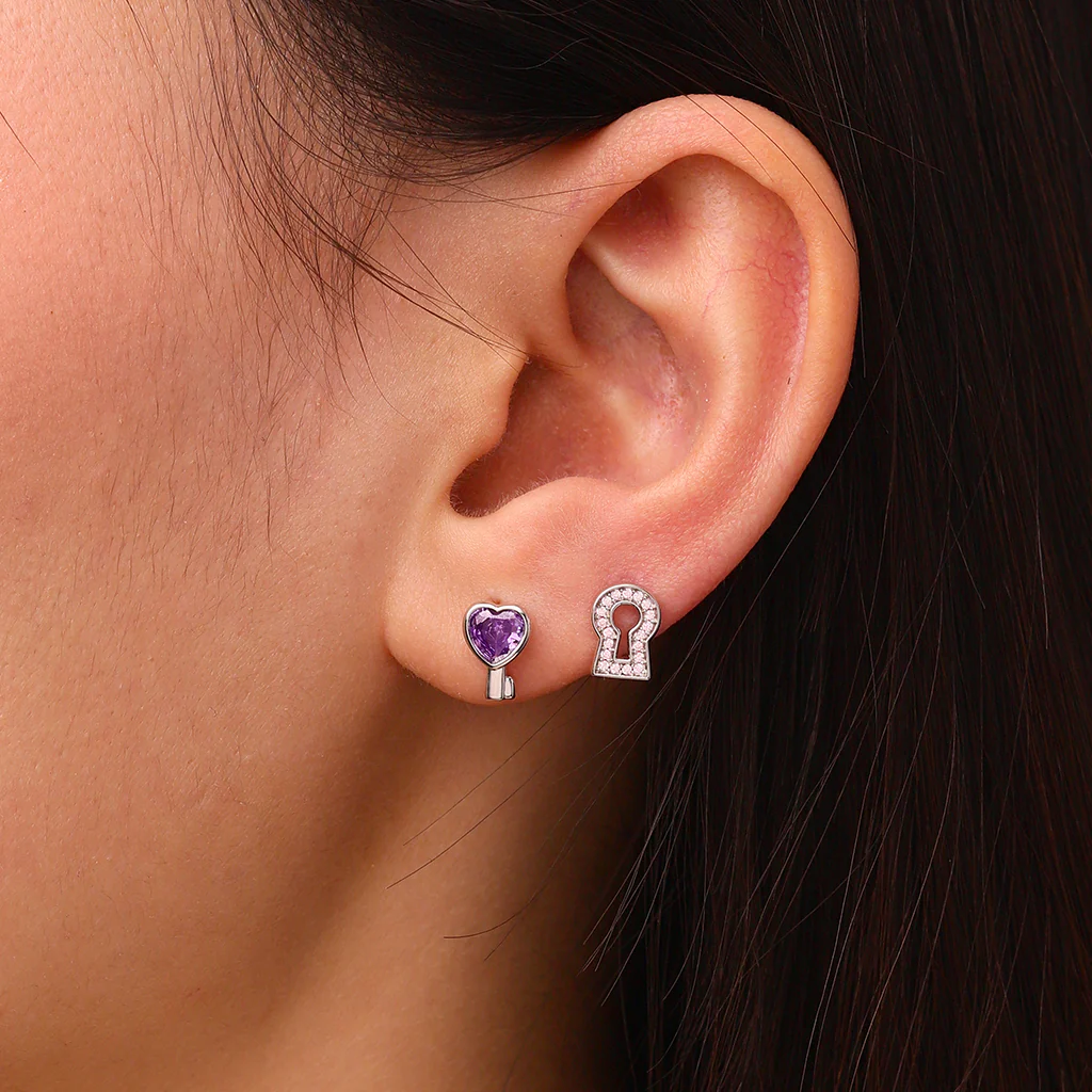 Gnoce 'Love Edge' Key Lock Birthstone Stud Earrings - Image 6