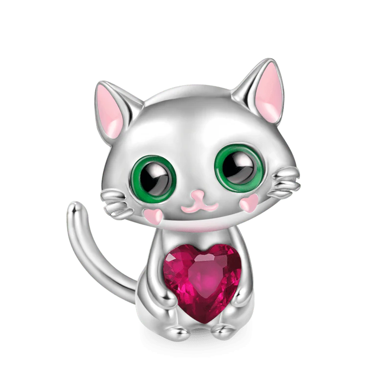 Gnoce Lovely Cat Embraces Heart Gem Charm Platinum-plated Silver Blend
