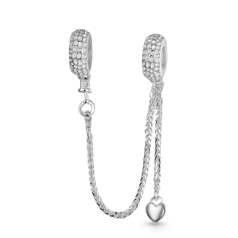 Lunar Surface Texture Safety Chain with Heart Dangle 925 Sterling Silver