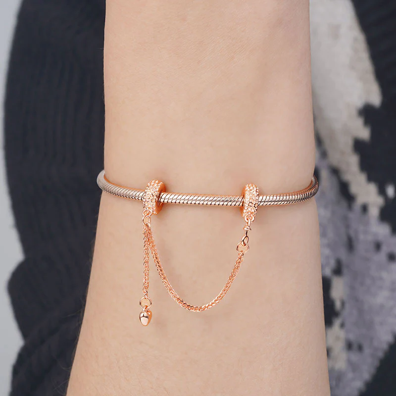 Lunar Surface Texture Safety Chain with Heart Dangle 925 Sterling Silver 18K Rose Gold Plated - Image 3
