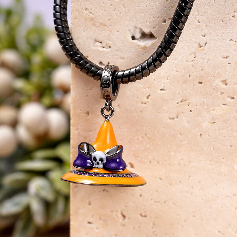 Halloween Magic Hat with Bow and Skull Pendant Dangle Charm Sterling Silver - Image 2