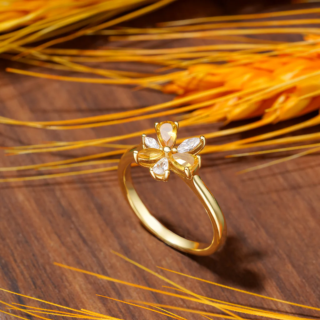 Gnoce Marquise Citrine Flower Ring Platinum-plated Silver Blend - Image 3