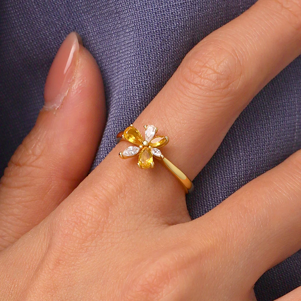 Gnoce Marquise Citrine Flower Ring Platinum-plated Silver Blend - Image 5