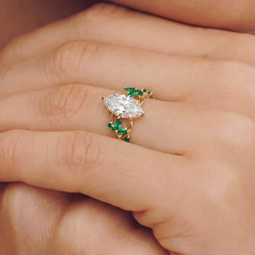 Gnoce Nature-Inspired Marquise-cut Emerald Leaf Engagement Ring - Image 2