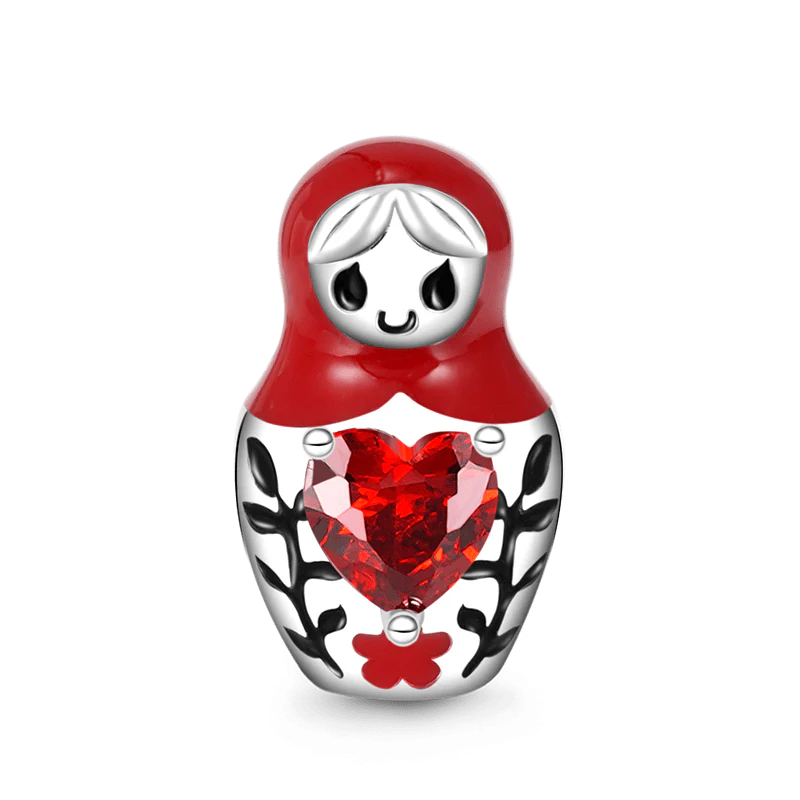 Gnoce Matryoshka Doll Embraces Heart Gem Charm Platinum-plated Silver Blend