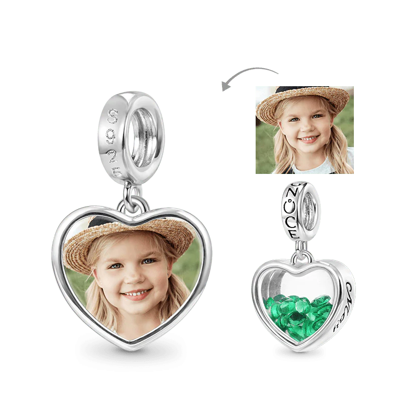 Gnoce May.Birthstone Heart Personalized Photo Charm Platinum-plated Silver Blend