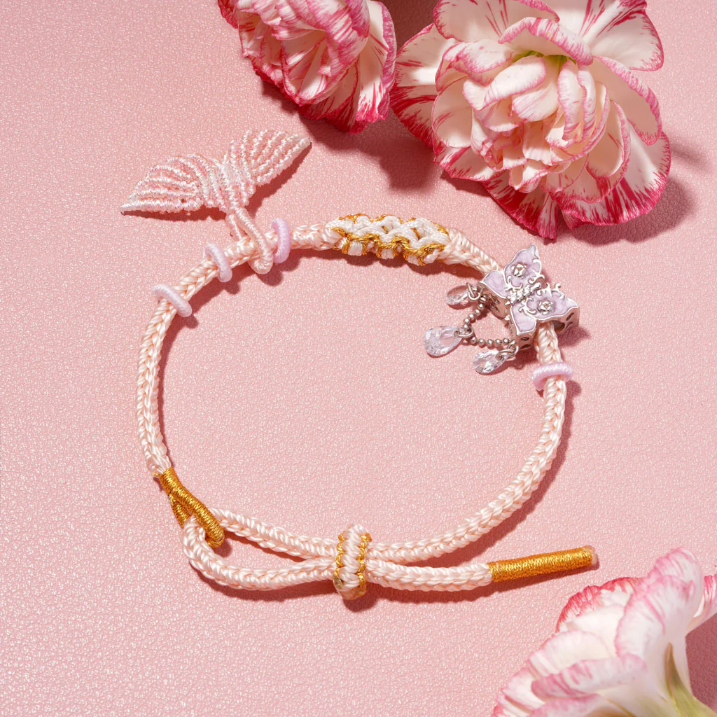 Gnoce Mermaid Pink Tail Peach Blossom Hand-woven Bracelet with Butterfly Charm - Image 3