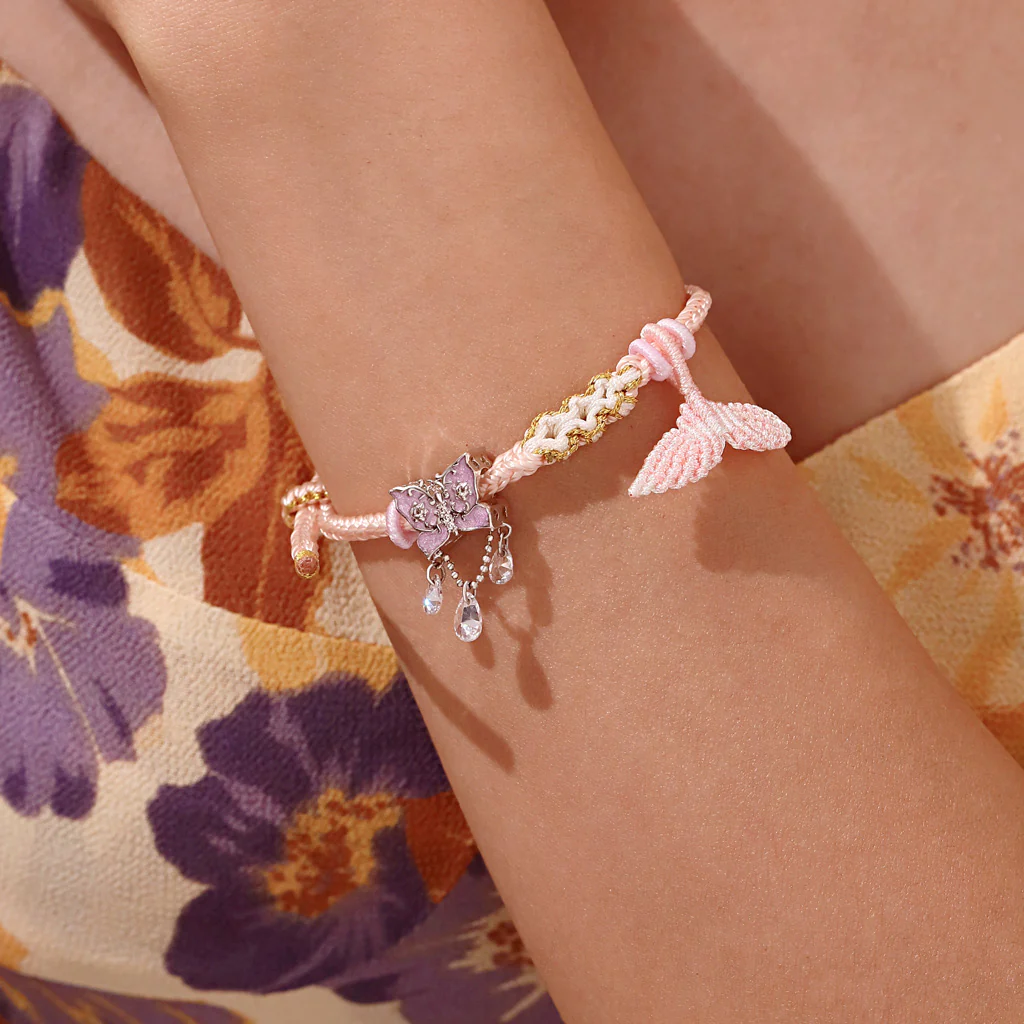 Gnoce Mermaid Pink Tail Peach Blossom Hand-woven Bracelet with Butterfly Charm - Image 5