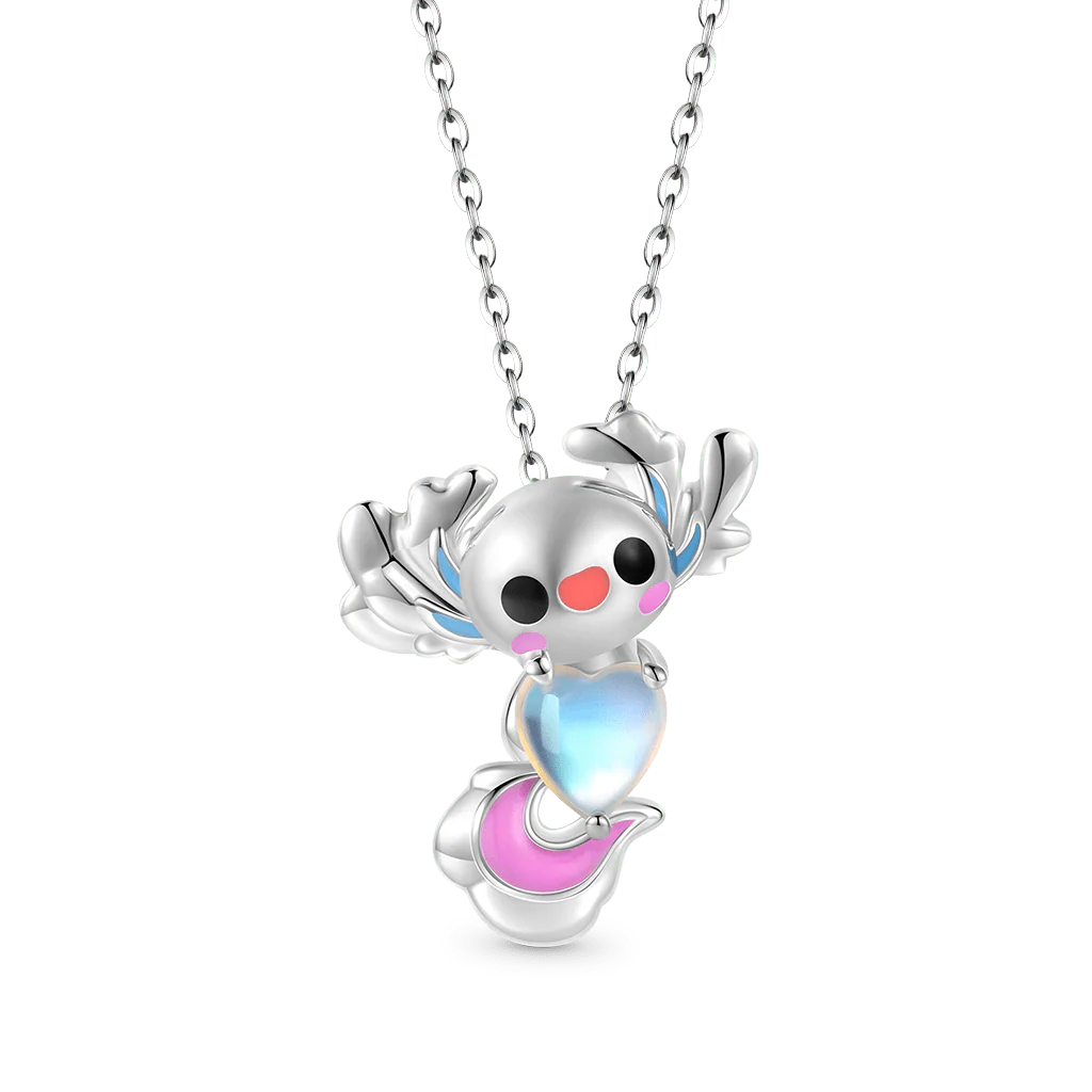 Gnoce Mexican Axolotl Embraces Heart Moonstone Pendant Necklace