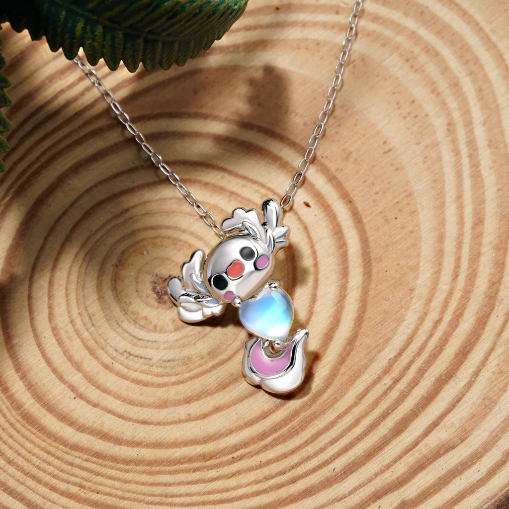 Gnoce Mexican Axolotl Embraces Heart Moonstone Pendant Necklace - Image 4