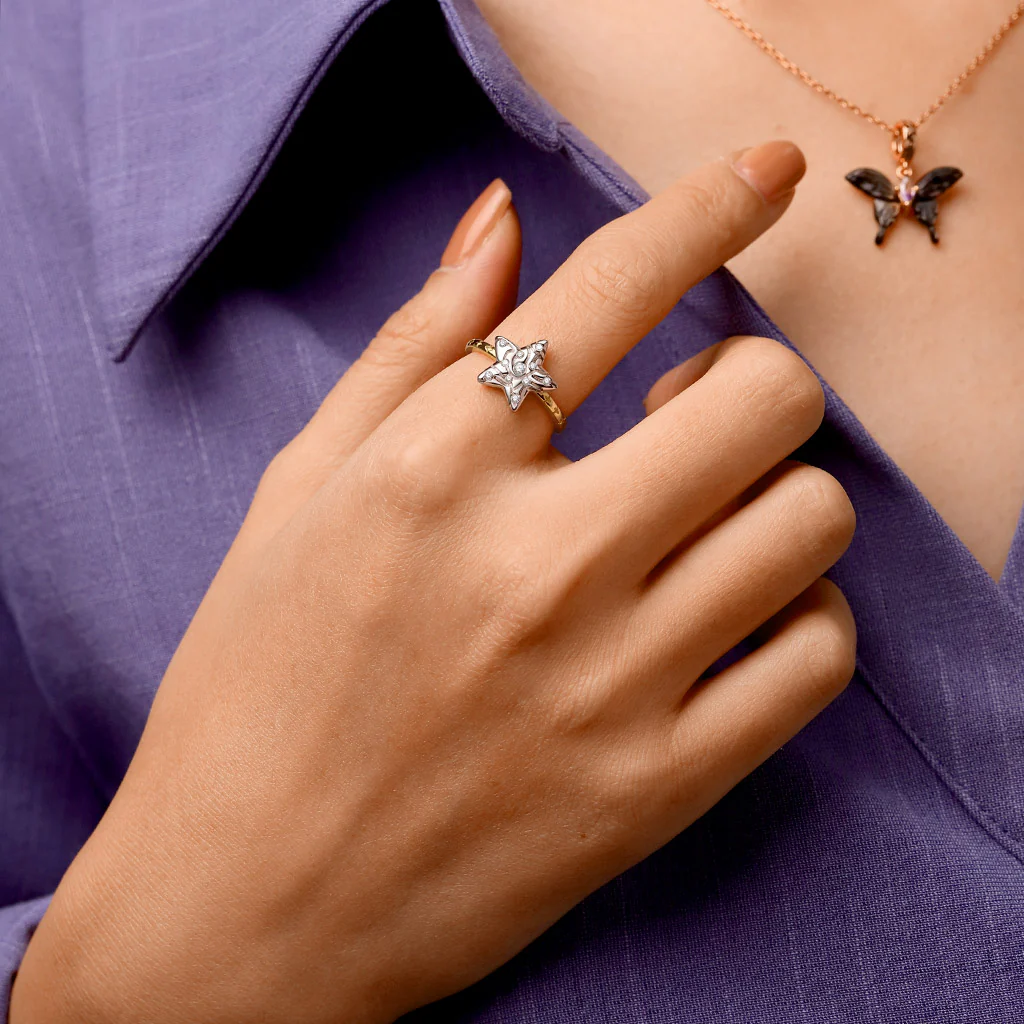 Gnoce Micro-inlay Rhinestone Pentagram Ring Platinum-plated Silver Blend - Image 4