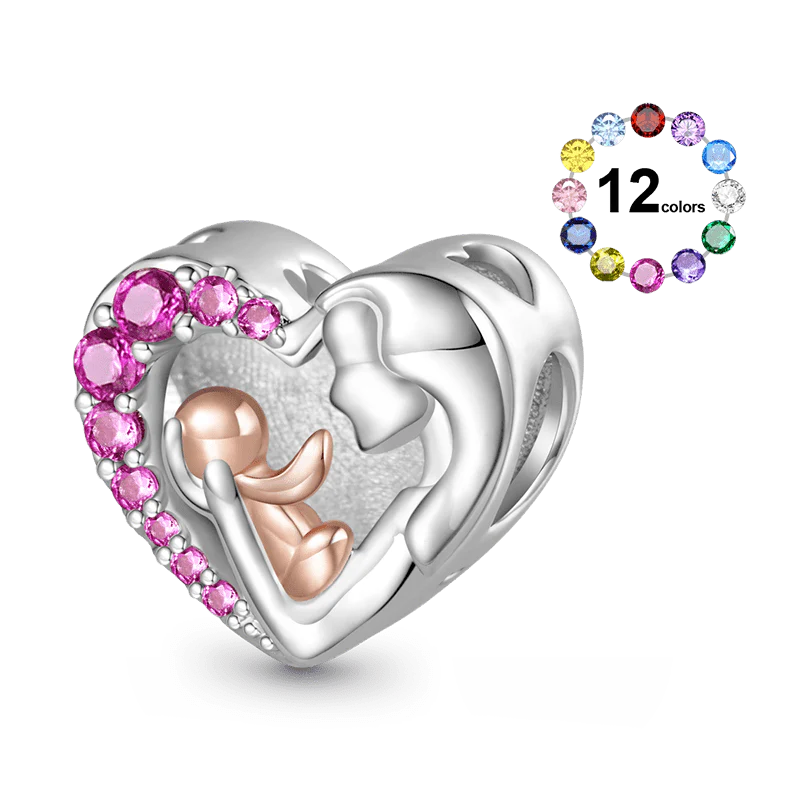 Gnoce Mom Hugs Baby Birthstone Engravable Charm Platinum-plated Silver Blend
