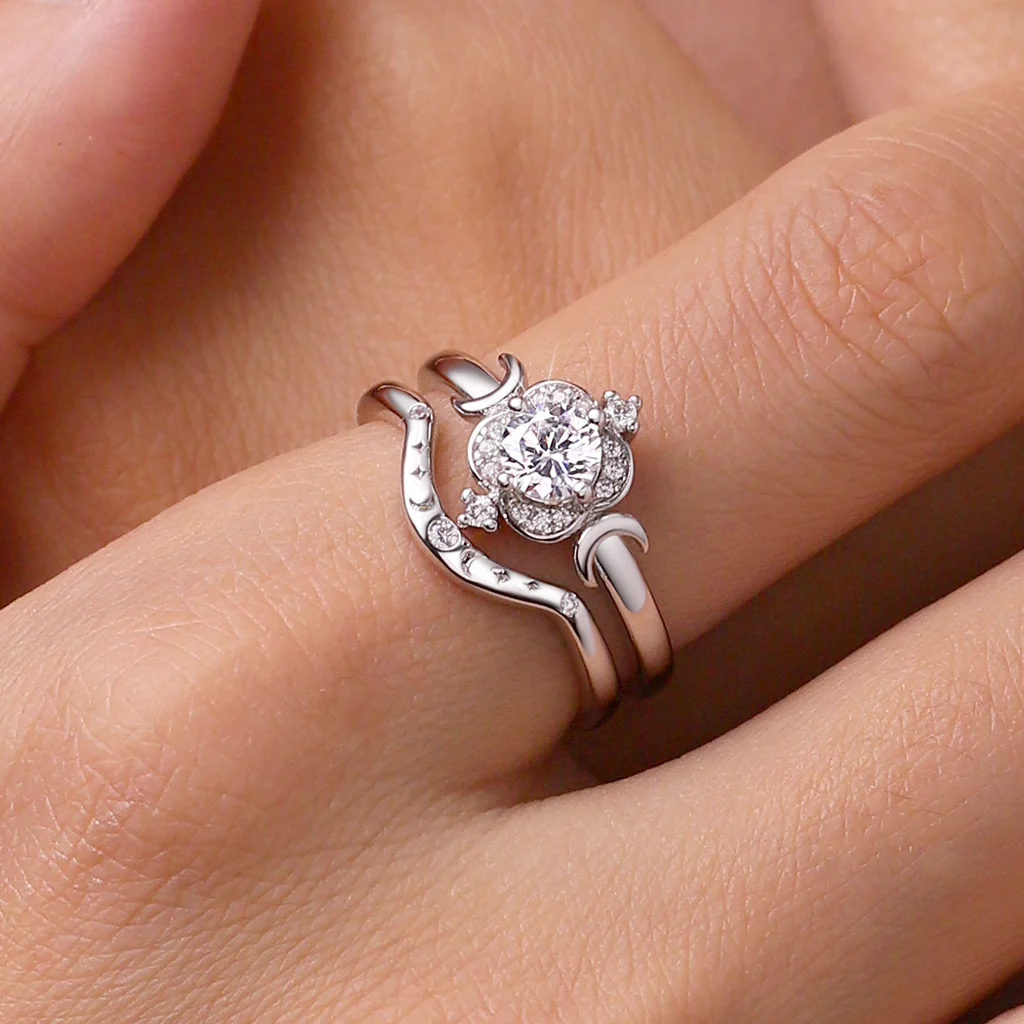 Gnoce Moon Star Stackable Rings Platinum-plated Silver Blend - Image 5