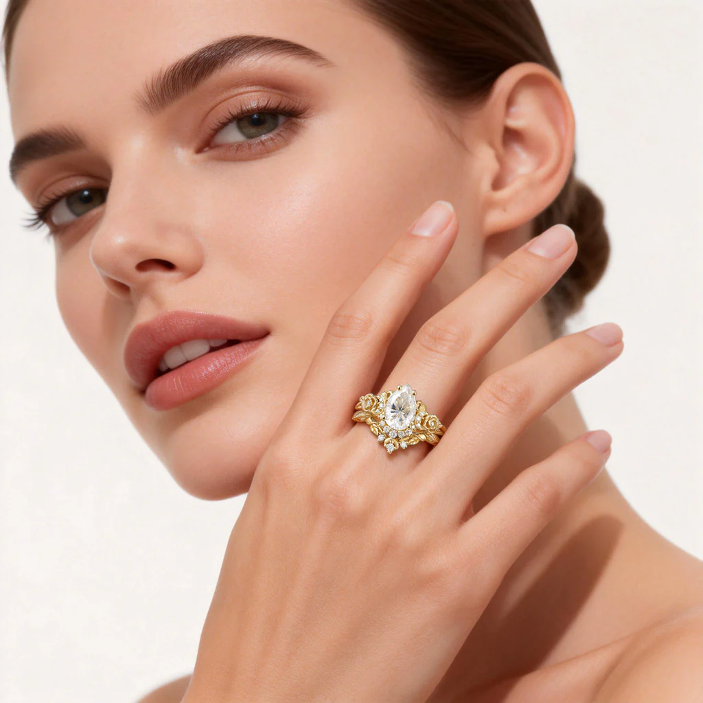 Gnoce Moon & Flower Inspired Pear-cut Engagement Ring Set - Image 2