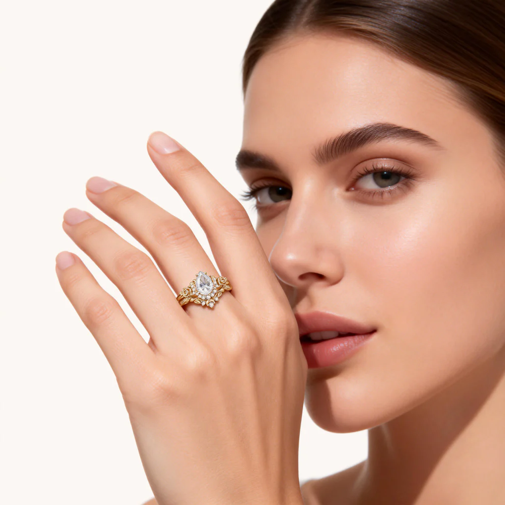 Gnoce Moon & Flower Inspired Pear-cut Engagement Ring Set - Image 3