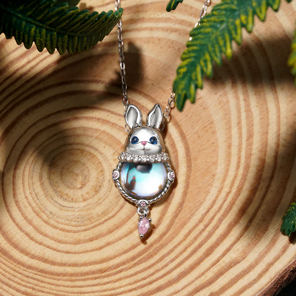 Gnoce Moonstone Easter Rabbit Pink Zircon Necklace - Image 4