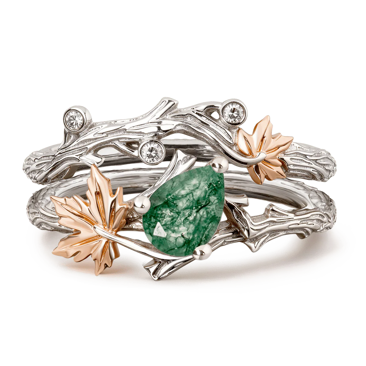 Gonce Nature-Inspired Vine & Leaf Moss Green Pear-Cut Engagement Ring Set