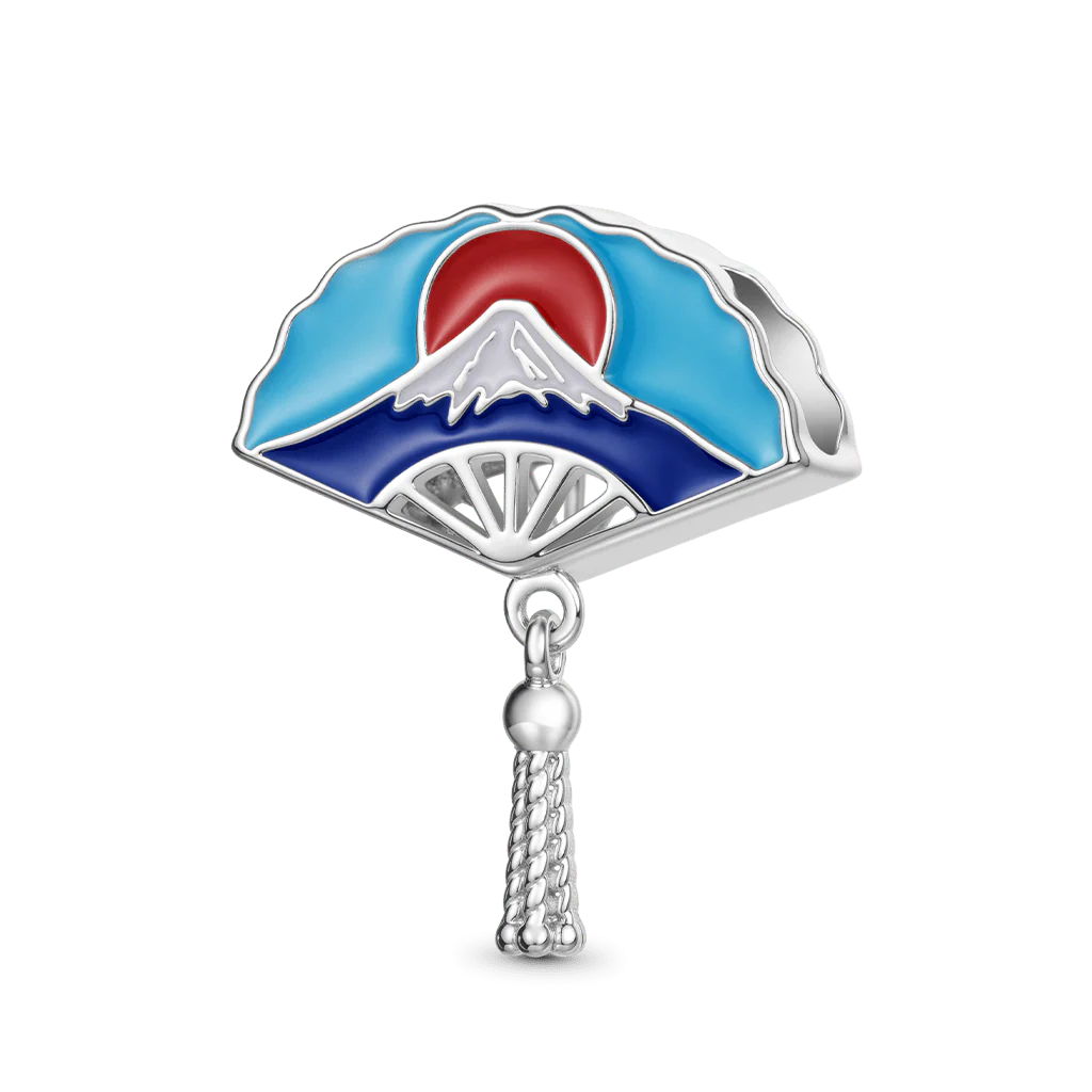 Gnoce Customized Mount Fuji Japan Blessings Fan Charm Platinum-plated Silver Blend