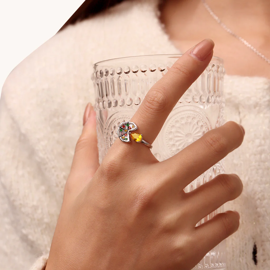 Gnoce Multicolor Pear CZ Pizza Open Ring Platinum-plated Silver Blend - Image 4
