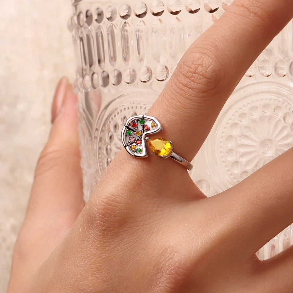 Gnoce Multicolor Pear CZ Pizza Open Ring Platinum-plated Silver Blend - Image 5