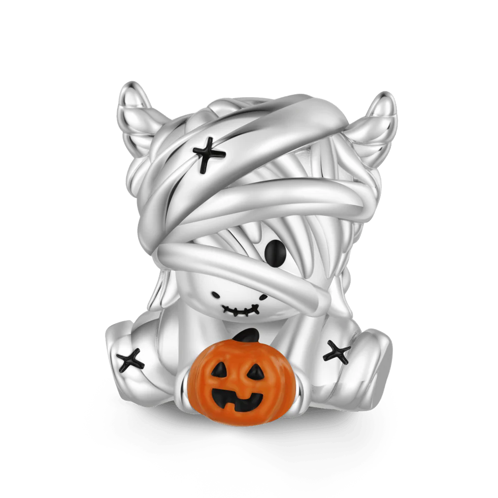 Gnoce Mummy Highland Cow Embrace Pumpkin Charm Platinum-plated Silver Blend