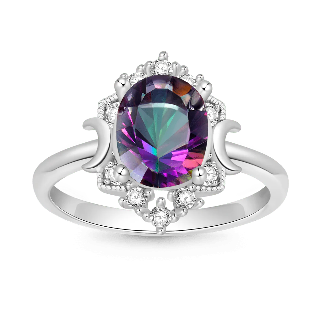 Gnoce Oval Mystic Colorful Moon Solitaire Ring Platinum-plated Silver Blend