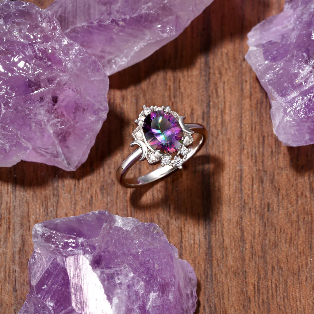 Gnoce Oval Mystic Colorful Moon Solitaire Ring Platinum-plated Silver Blend - Image 3
