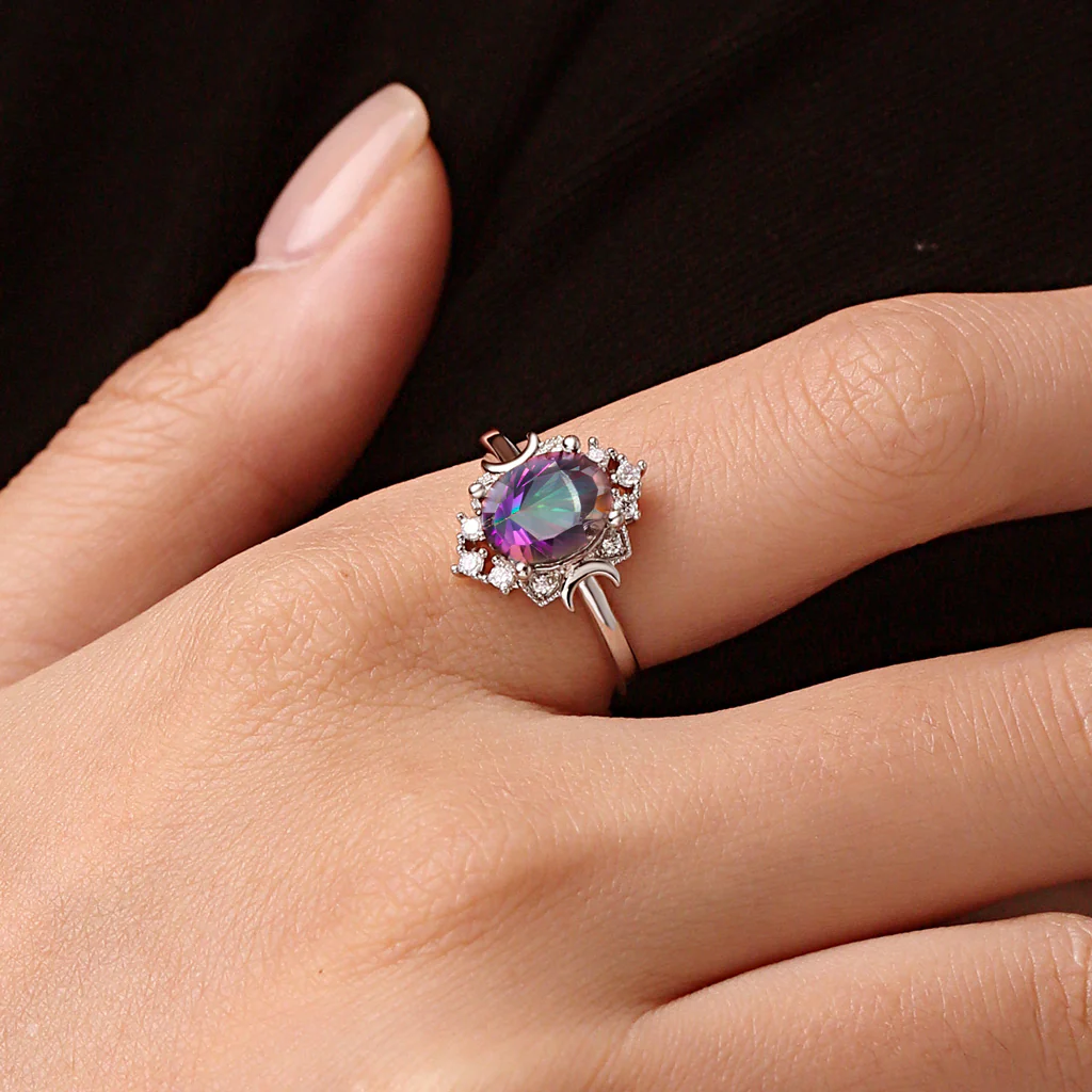 Gnoce Oval Mystic Colorful Moon Solitaire Ring Platinum-plated Silver Blend - Image 5