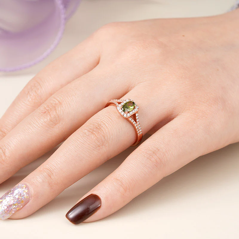 Olive Green Oval-Cut Ring 925 Sterling Silver 18k Rose Gold Plated - Image 6
