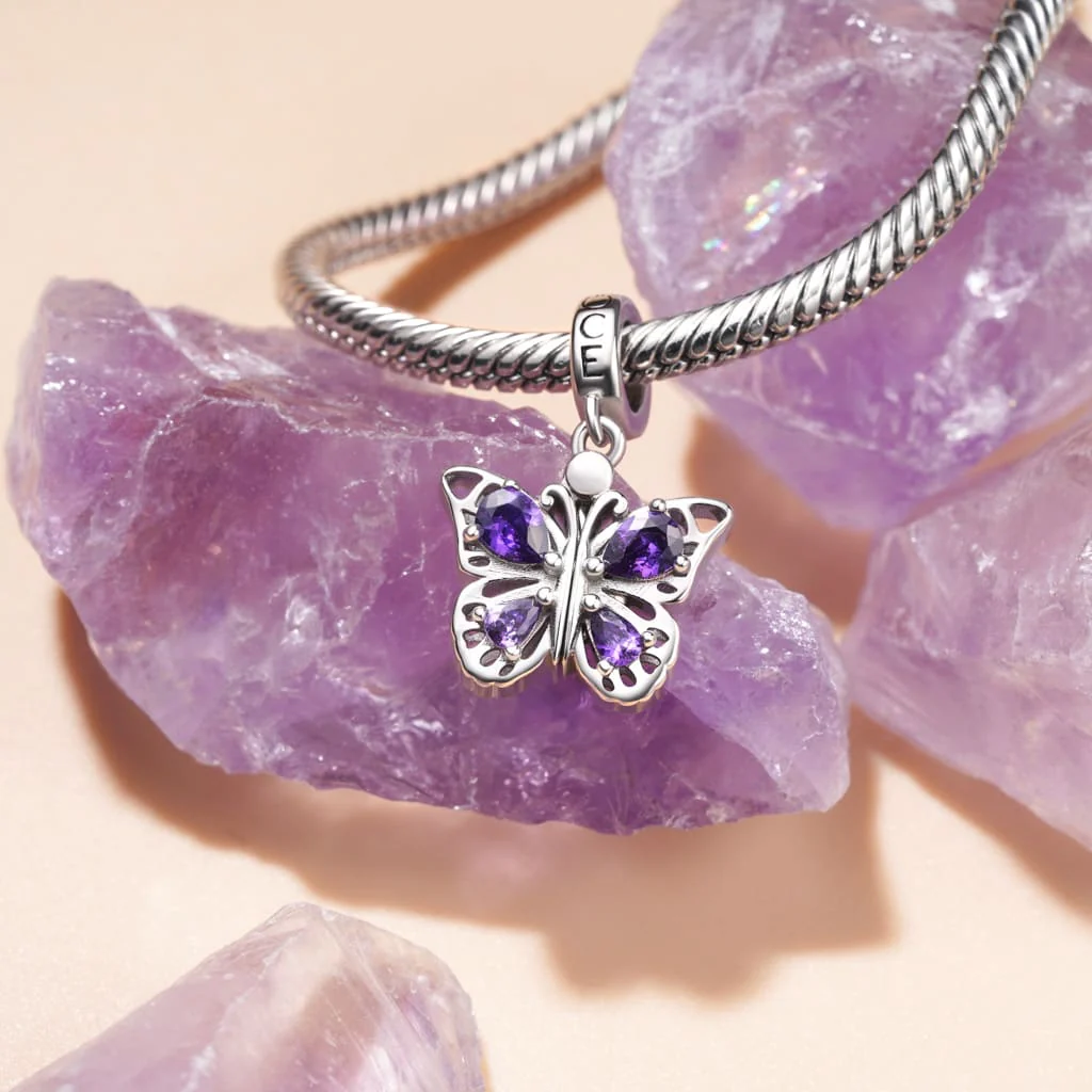 Gnoce Openable Purple Butterfly Engravable Charm Platinum-plated Silver Blend - Image 5