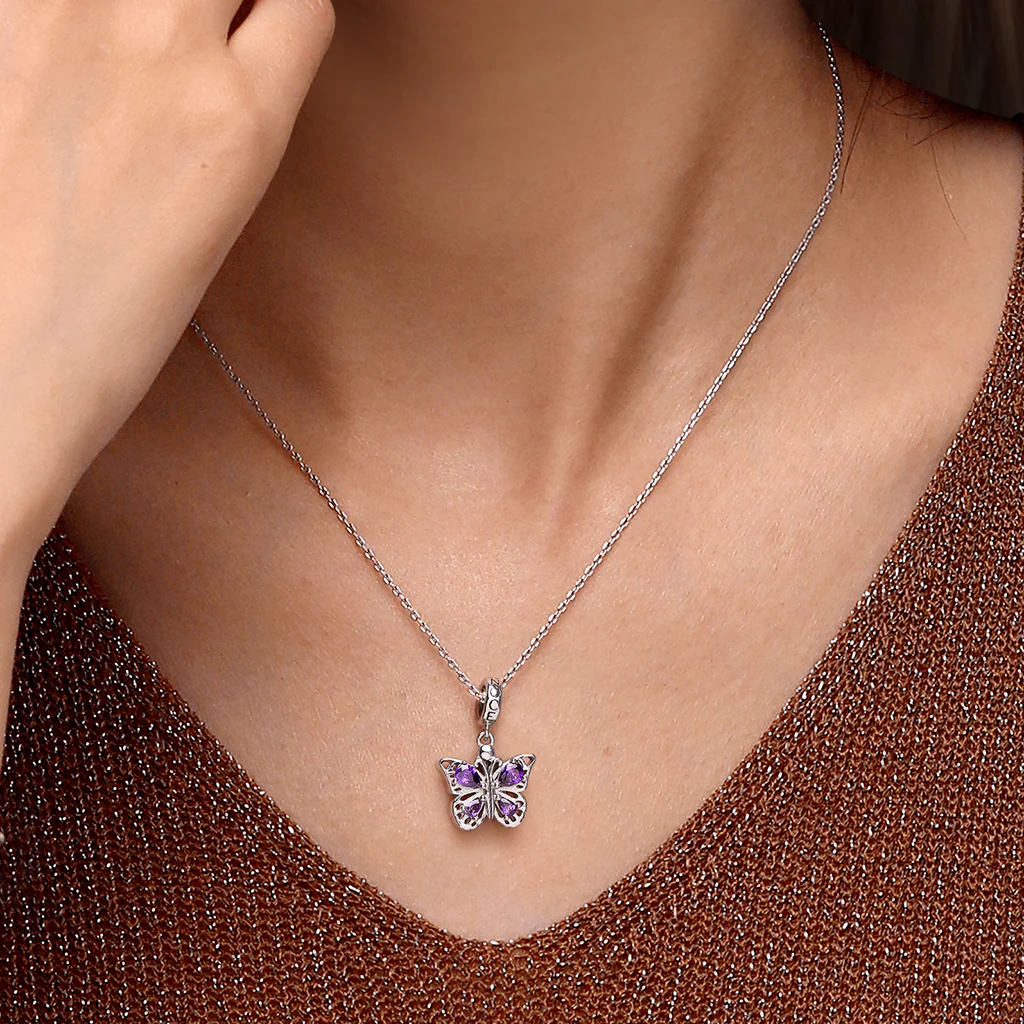Gnoce Openable Purple Butterfly Engravable Charm Platinum-plated Silver Blend - Image 7