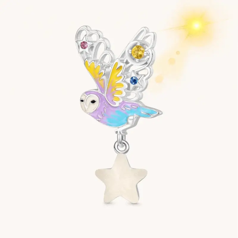 Gnoce Owl with Light Color-changing Star Charm Platinum-plated Silver Blend