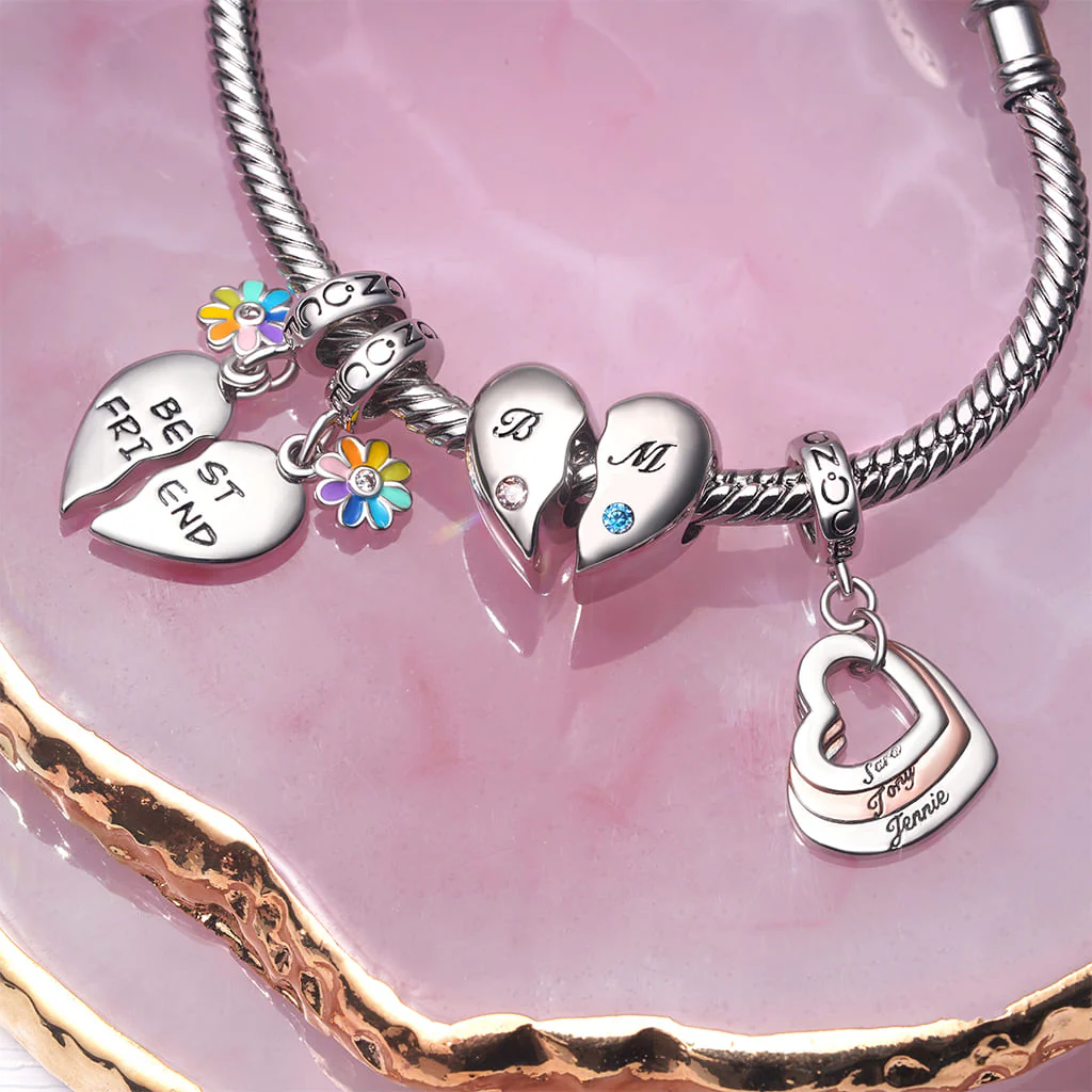 Gnoce Engravable Pair Heart Rainbow Charm Platinum-plated Silver Blend - Image 4
