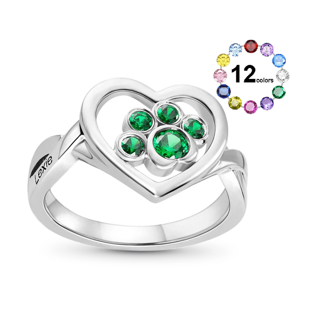 Gnoce Personalized 1-4 Paw Heart Birthstone Ring